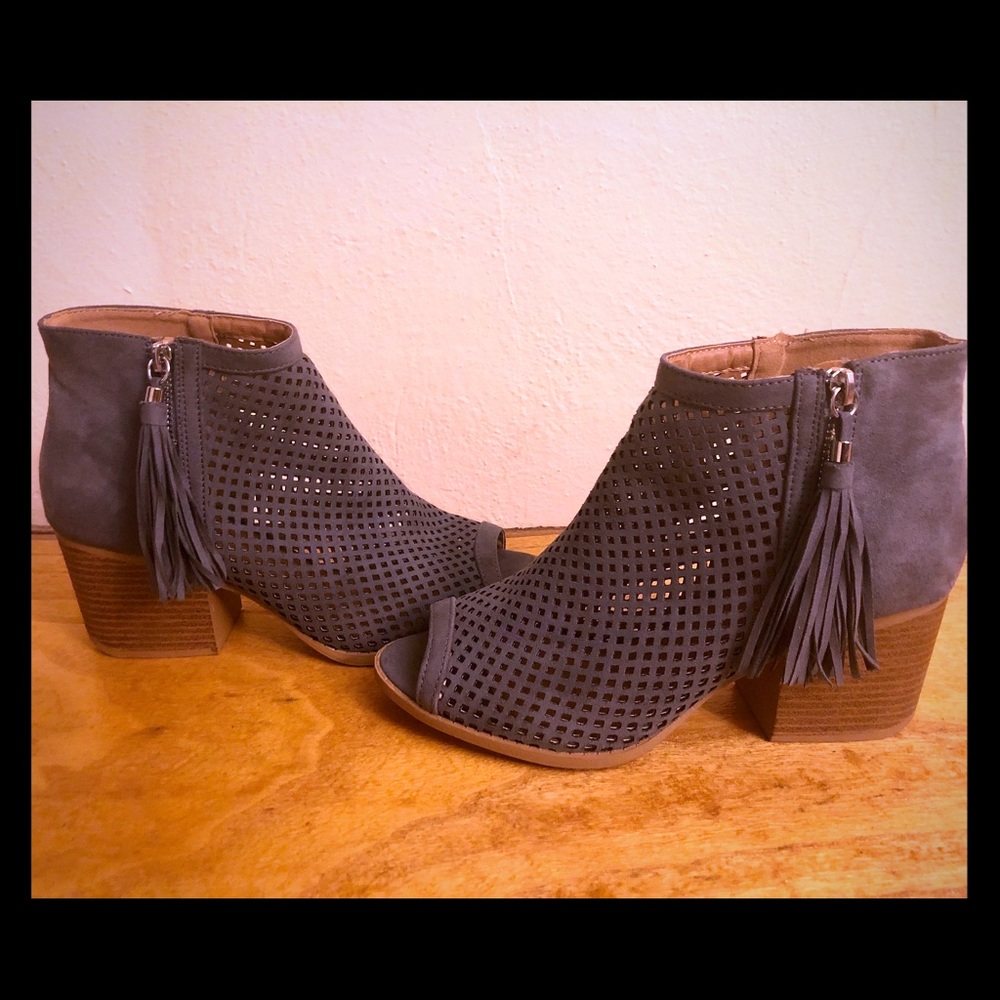 Qupid Suede Tassel Peep Toe Booties